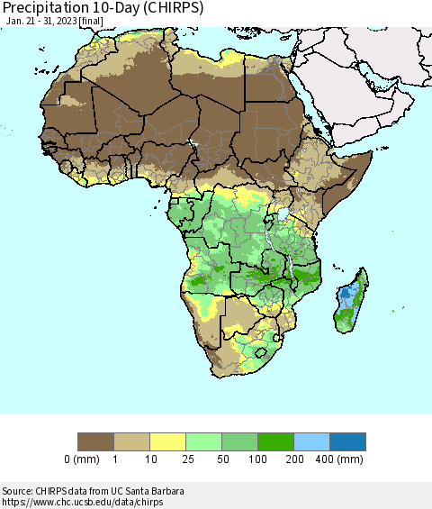 Africa Precipitation 10-Day (CHIRPS) Thematic Map For 1/21/2023 - 1/31/2023