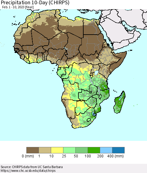 Africa Precipitation 10-Day (CHIRPS) Thematic Map For 2/1/2023 - 2/10/2023