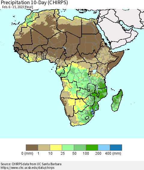 Africa Precipitation 10-Day (CHIRPS) Thematic Map For 2/6/2023 - 2/15/2023