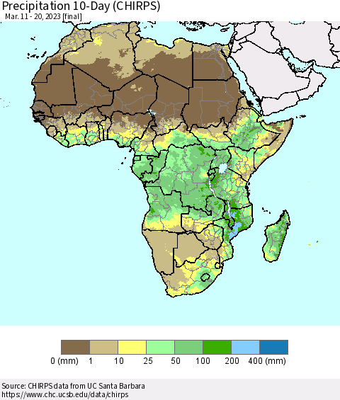 Africa Precipitation 10-Day (CHIRPS) Thematic Map For 3/11/2023 - 3/20/2023