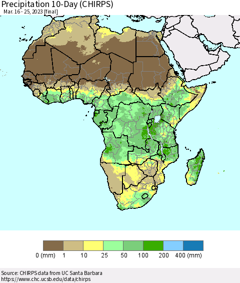 Africa Precipitation 10-Day (CHIRPS) Thematic Map For 3/16/2023 - 3/25/2023