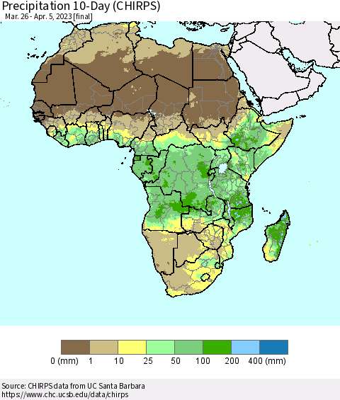 Africa Precipitation 10-Day (CHIRPS) Thematic Map For 3/26/2023 - 4/5/2023