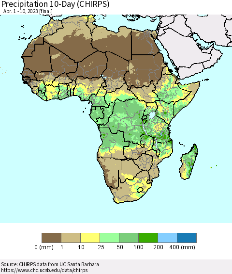 Africa Precipitation 10-Day (CHIRPS) Thematic Map For 4/1/2023 - 4/10/2023