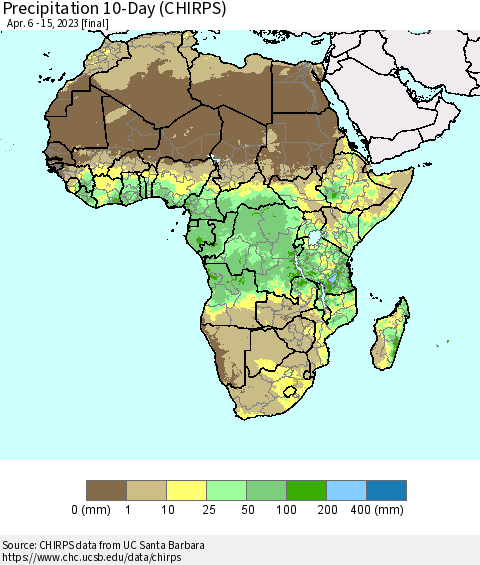 Africa Precipitation 10-Day (CHIRPS) Thematic Map For 4/6/2023 - 4/15/2023