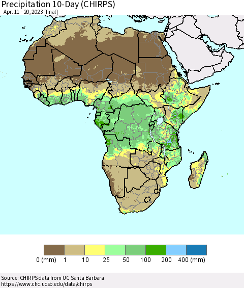 Africa Precipitation 10-Day (CHIRPS) Thematic Map For 4/11/2023 - 4/20/2023