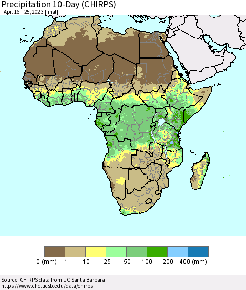 Africa Precipitation 10-Day (CHIRPS) Thematic Map For 4/16/2023 - 4/25/2023