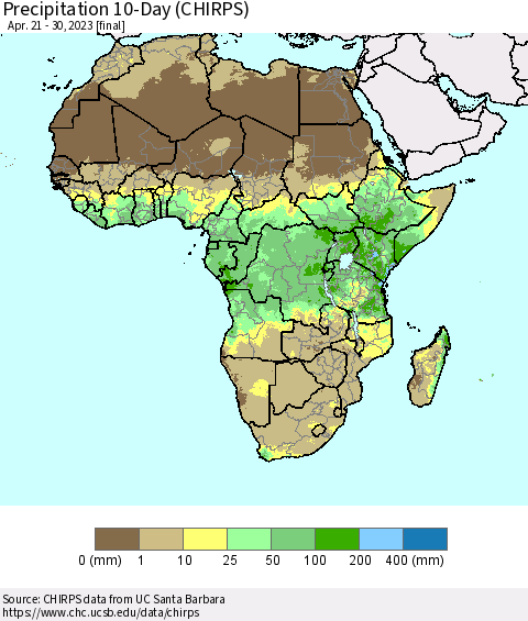 Africa Precipitation 10-Day (CHIRPS) Thematic Map For 4/21/2023 - 4/30/2023