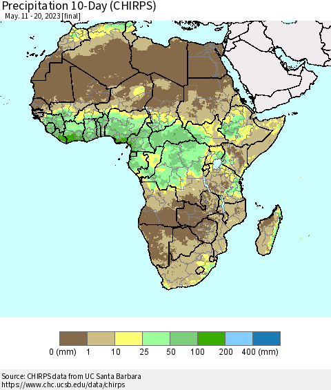 Africa Precipitation 10-Day (CHIRPS) Thematic Map For 5/11/2023 - 5/20/2023
