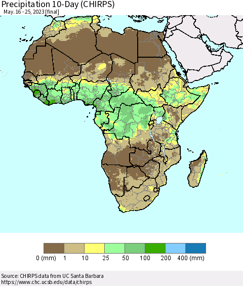 Africa Precipitation 10-Day (CHIRPS) Thematic Map For 5/16/2023 - 5/25/2023