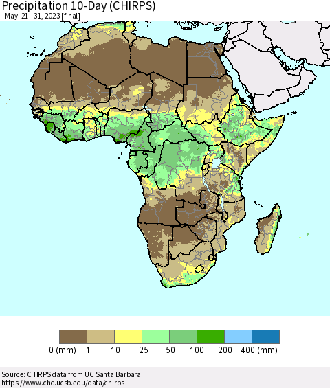 Africa Precipitation 10-Day (CHIRPS) Thematic Map For 5/21/2023 - 5/31/2023