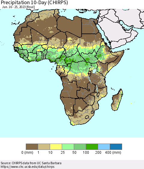 Africa Precipitation 10-Day (CHIRPS) Thematic Map For 6/16/2023 - 6/25/2023