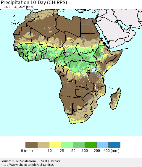 Africa Precipitation 10-Day (CHIRPS) Thematic Map For 6/21/2023 - 6/30/2023