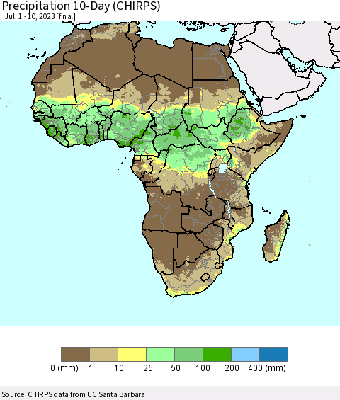 Africa Precipitation 10-Day (CHIRPS) Thematic Map For 7/1/2023 - 7/10/2023