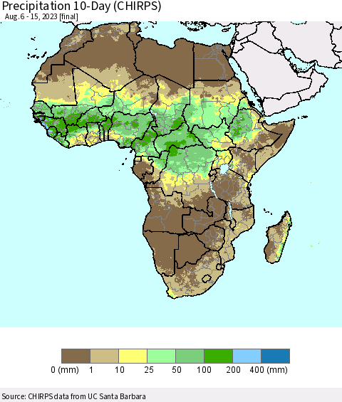 Africa Precipitation 10-Day (CHIRPS) Thematic Map For 8/6/2023 - 8/15/2023