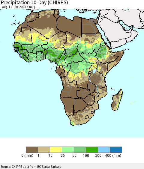 Africa Precipitation 10-Day (CHIRPS) Thematic Map For 8/11/2023 - 8/20/2023