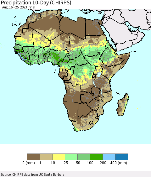 Africa Precipitation 10-Day (CHIRPS) Thematic Map For 8/16/2023 - 8/25/2023