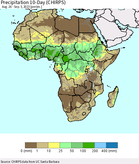 Africa Precipitation 10-Day (CHIRPS) Thematic Map For 8/26/2023 - 9/5/2023