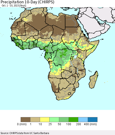 Africa Precipitation 10-Day (CHIRPS) Thematic Map For 10/1/2023 - 10/10/2023