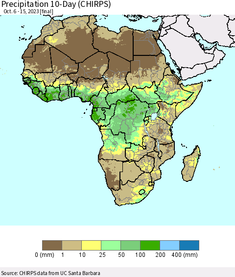 Africa Precipitation 10-Day (CHIRPS) Thematic Map For 10/6/2023 - 10/15/2023