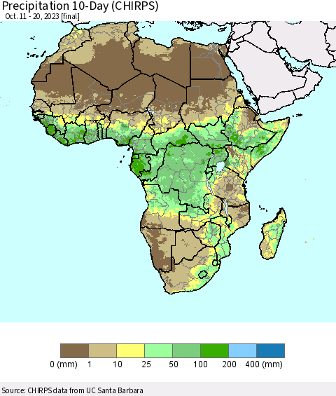 Africa Precipitation 10-Day (CHIRPS) Thematic Map For 10/11/2023 - 10/20/2023