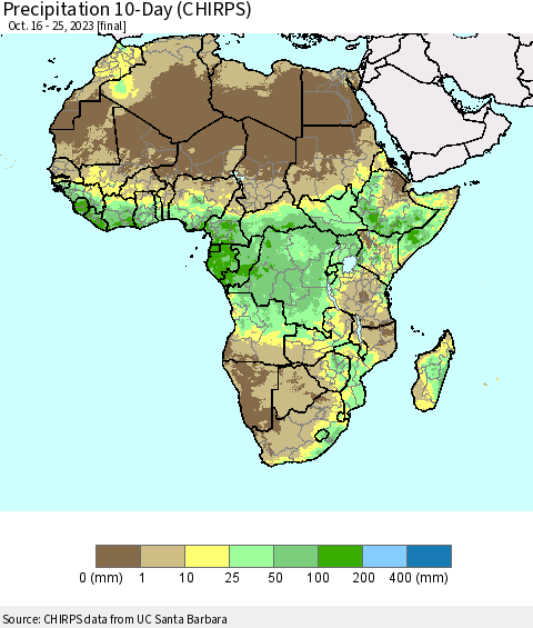 Africa Precipitation 10-Day (CHIRPS) Thematic Map For 10/16/2023 - 10/25/2023