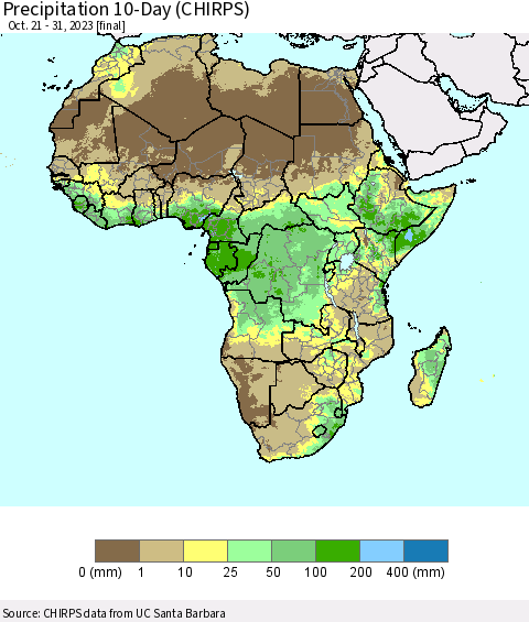 Africa Precipitation 10-Day (CHIRPS) Thematic Map For 10/21/2023 - 10/31/2023