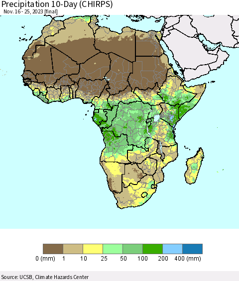Africa Precipitation 10-Day (CHIRPS) Thematic Map For 11/16/2023 - 11/25/2023