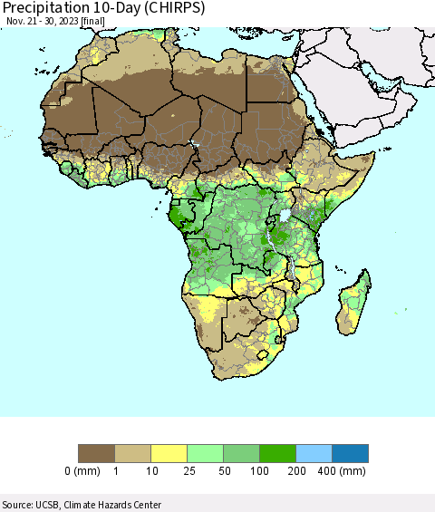 Africa Precipitation 10-Day (CHIRPS) Thematic Map For 11/21/2023 - 11/30/2023