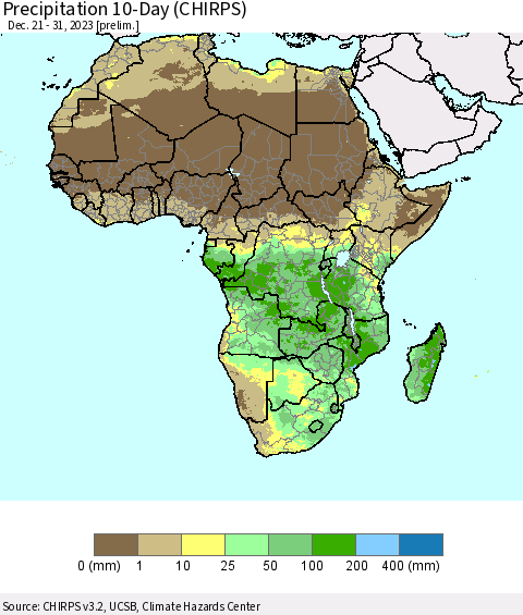 Africa Precipitation 10-Day (CHIRPS) Thematic Map For 12/21/2023 - 12/31/2023
