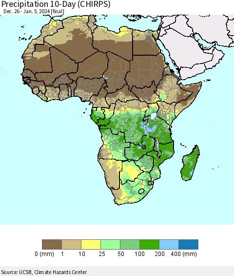 Africa Precipitation 10-Day (CHIRPS) Thematic Map For 12/26/2023 - 1/5/2024