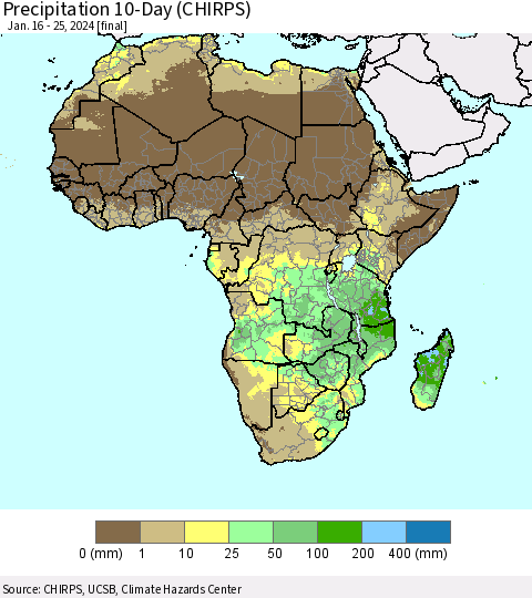 Africa Precipitation 10-Day (CHIRPS) Thematic Map For 1/16/2024 - 1/25/2024