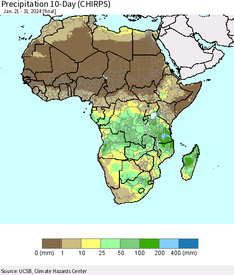 Africa Precipitation 10-Day (CHIRPS) Thematic Map For 1/21/2024 - 1/31/2024