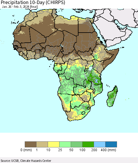 Africa Precipitation 10-Day (CHIRPS) Thematic Map For 1/26/2024 - 2/5/2024
