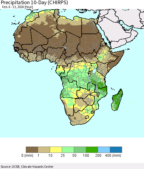 Africa Precipitation 10-Day (CHIRPS) Thematic Map For 2/6/2024 - 2/15/2024