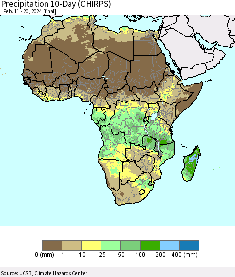 Africa Precipitation 10-Day (CHIRPS) Thematic Map For 2/11/2024 - 2/20/2024