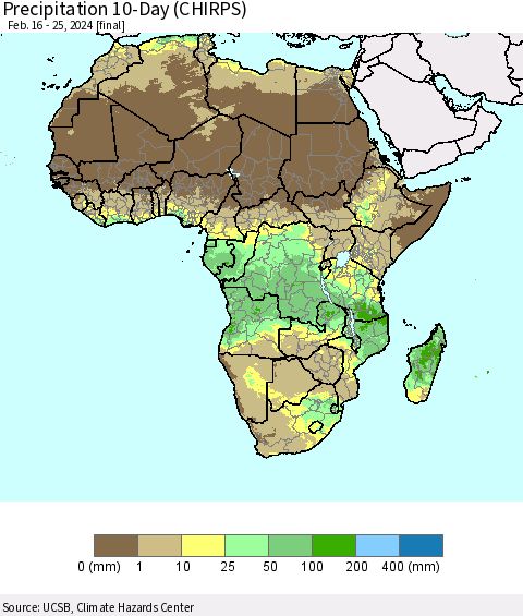 Africa Precipitation 10-Day (CHIRPS) Thematic Map For 2/16/2024 - 2/25/2024