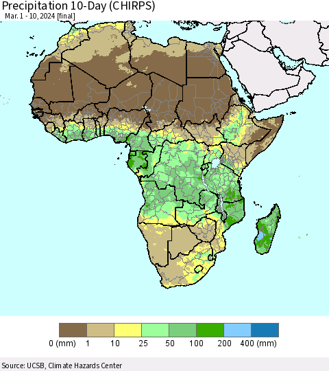 Africa Precipitation 10-Day (CHIRPS) Thematic Map For 3/1/2024 - 3/10/2024