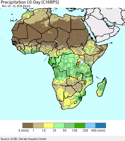 Africa Precipitation 10-Day (CHIRPS) Thematic Map For 3/16/2024 - 3/25/2024