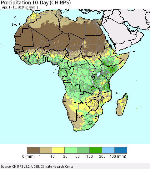 Africa Precipitation 10-Day (CHIRPS) Thematic Map For 4/1/2024 - 4/10/2024