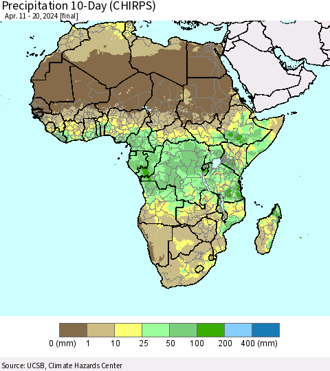 Africa Precipitation 10-Day (CHIRPS) Thematic Map For 4/11/2024 - 4/20/2024
