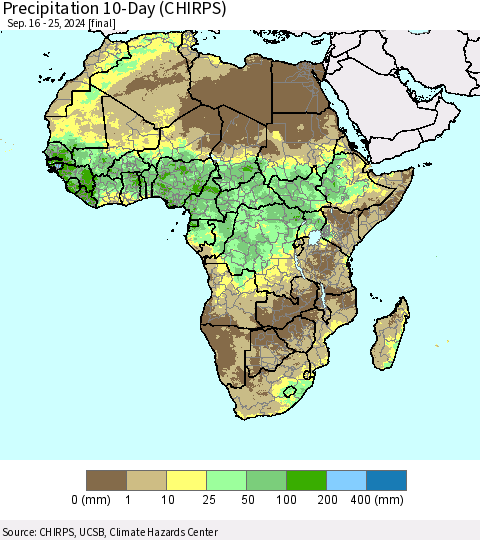 Africa Precipitation 10-Day (CHIRPS) Thematic Map For 9/16/2024 - 9/25/2024
