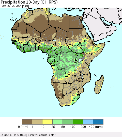 Africa Precipitation 10-Day (CHIRPS) Thematic Map For 10/16/2024 - 10/25/2024