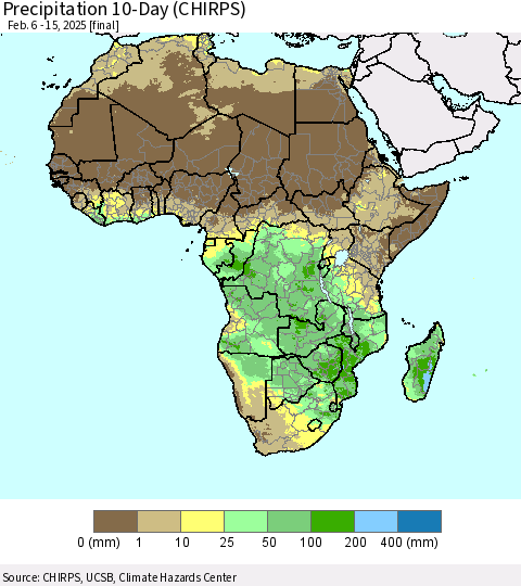 Africa Precipitation 10-Day (CHIRPS) Thematic Map For 2/6/2025 - 2/15/2025