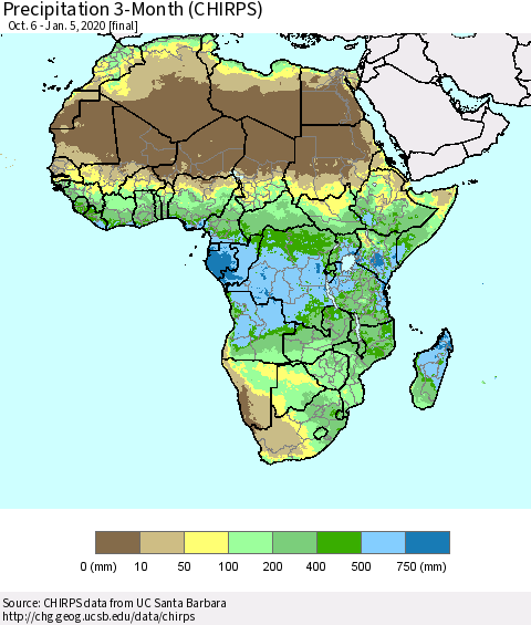 Africa Precipitation 3-Month (CHIRPS) Thematic Map For 10/6/2019 - 1/5/2020