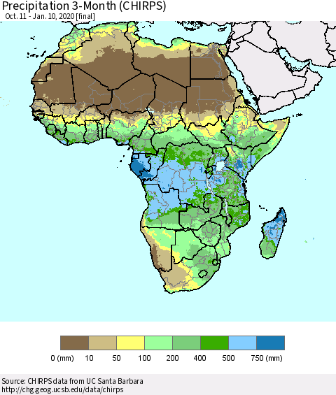 Africa Precipitation 3-Month (CHIRPS) Thematic Map For 10/11/2019 - 1/10/2020