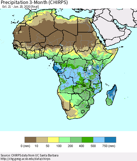 Africa Precipitation 3-Month (CHIRPS) Thematic Map For 10/21/2019 - 1/20/2020