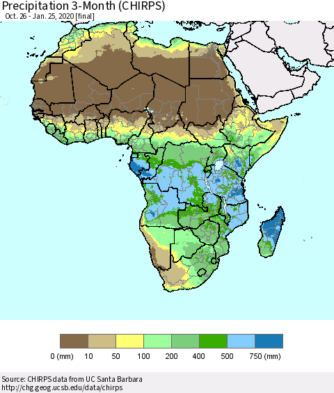 Africa Precipitation 3-Month (CHIRPS) Thematic Map For 10/26/2019 - 1/25/2020