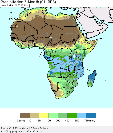 Africa Precipitation 3-Month (CHIRPS) Thematic Map For 11/6/2019 - 2/5/2020