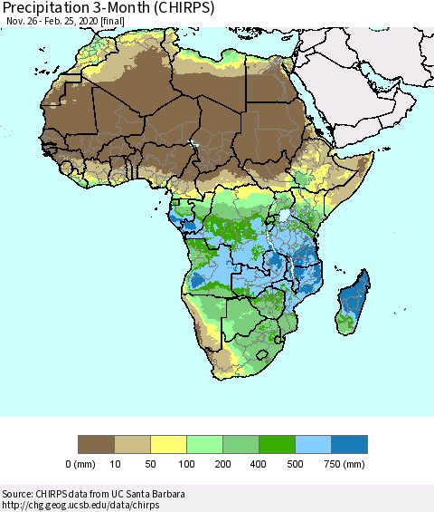 Africa Precipitation 3-Month (CHIRPS) Thematic Map For 11/26/2019 - 2/25/2020