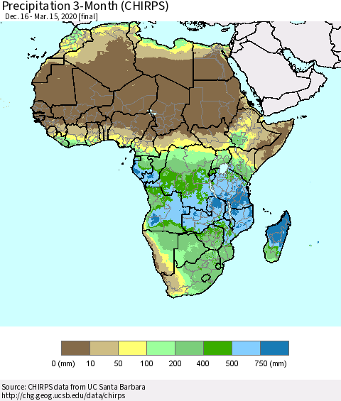 Africa Precipitation 3-Month (CHIRPS) Thematic Map For 12/16/2019 - 3/15/2020